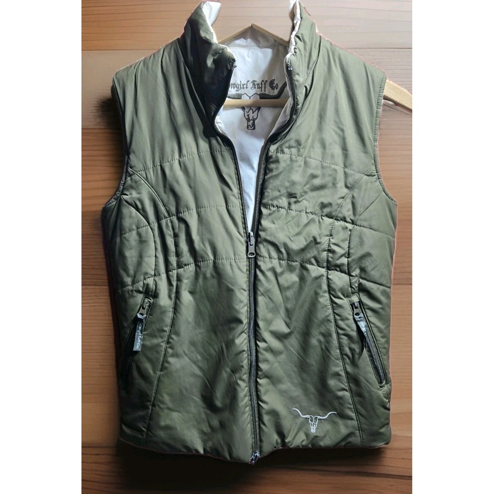 Cowgirl Tuff Quilted Vest Womens S Olive Reversable Off White Inside Full Zip